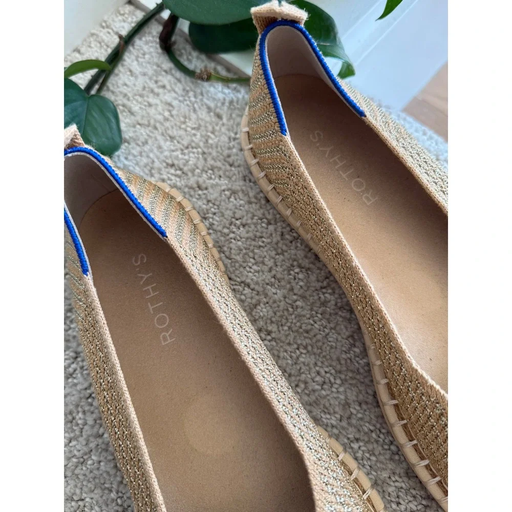 Rothy's The Espadrille Gold Stripe Metallic Hemp Knit Ballet Flats Coastal 9